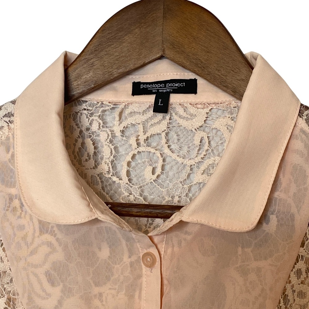 Sheer Floral Lace Top Womens Size L Peach Coquette Cottage Festival Shabby Chic - Picture 4 of 9
